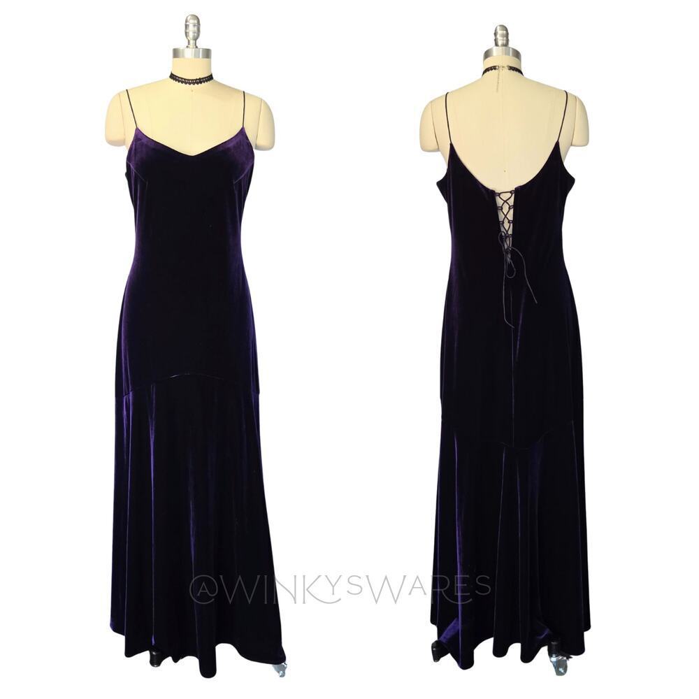Vintage 90s Purple Velvet Prom Maxi Dress Size L XL Grunge Goth Fairy Formal